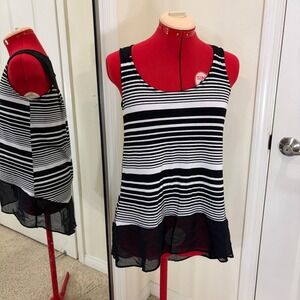Mod High-Low Black White Striped Sheer Trim Tank Top